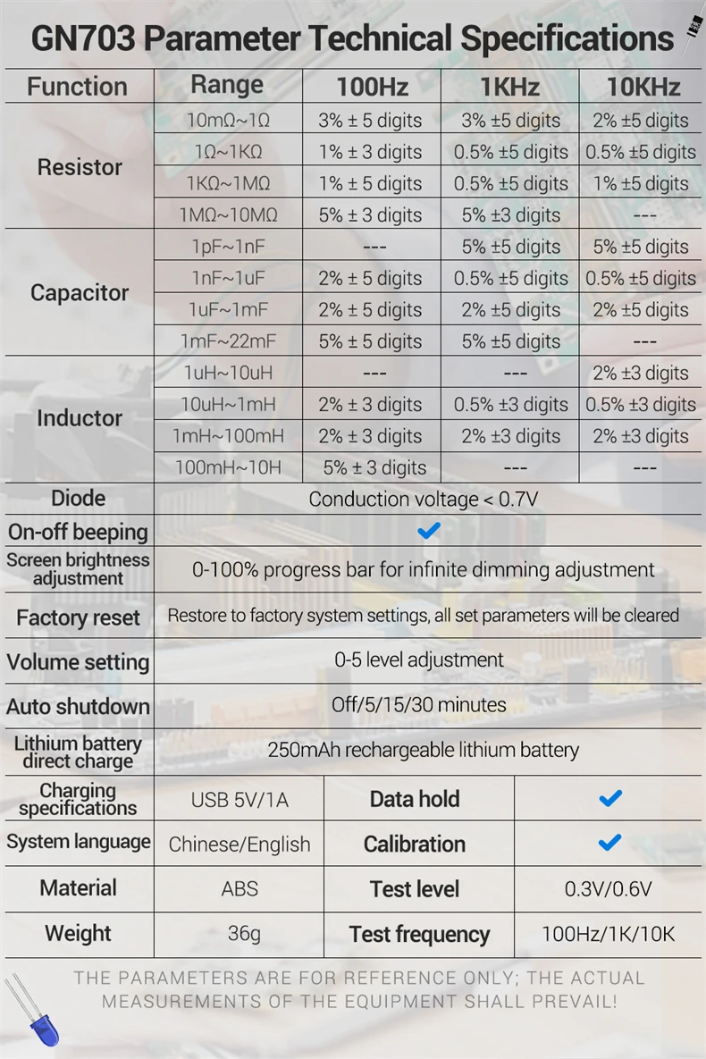 ANENG GN703 USB-Aufladbares Tragbares Digitales LCR-Bridgemeter 100Hz 1KHz 10KHz Diodentester Kalibrierung für Elektronik-Reparatur – Detail 12