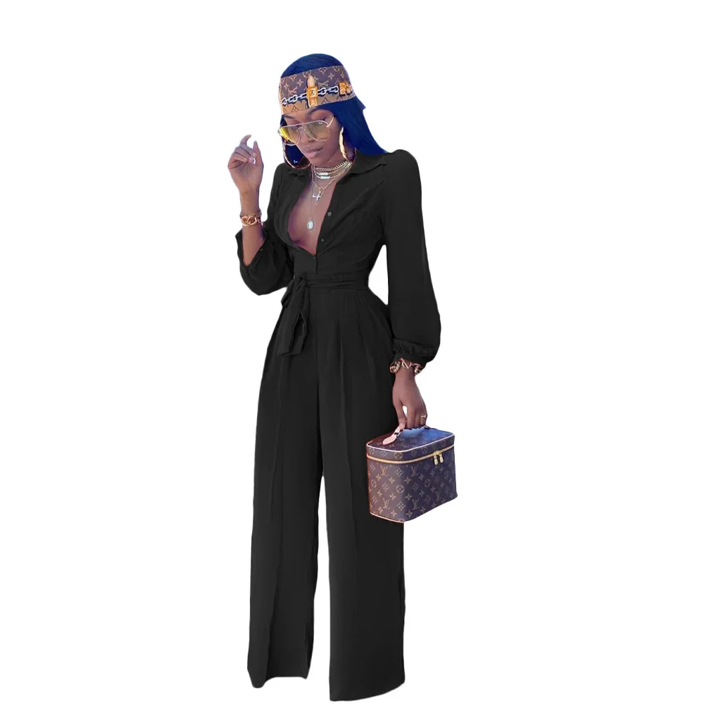 TM8074 レディースの新しいソリッドカラーのハイウエスト ストレート カジュアル シャツ、襟ジャンプスーツとベルト付き