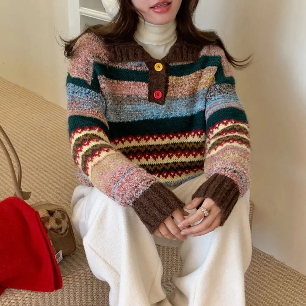 Simple Long Sleeve Knit Sweater Women Soft Loose Colorfult Crochet Knitwear Sweet Retro Winter Autumn Knitted Top Gift