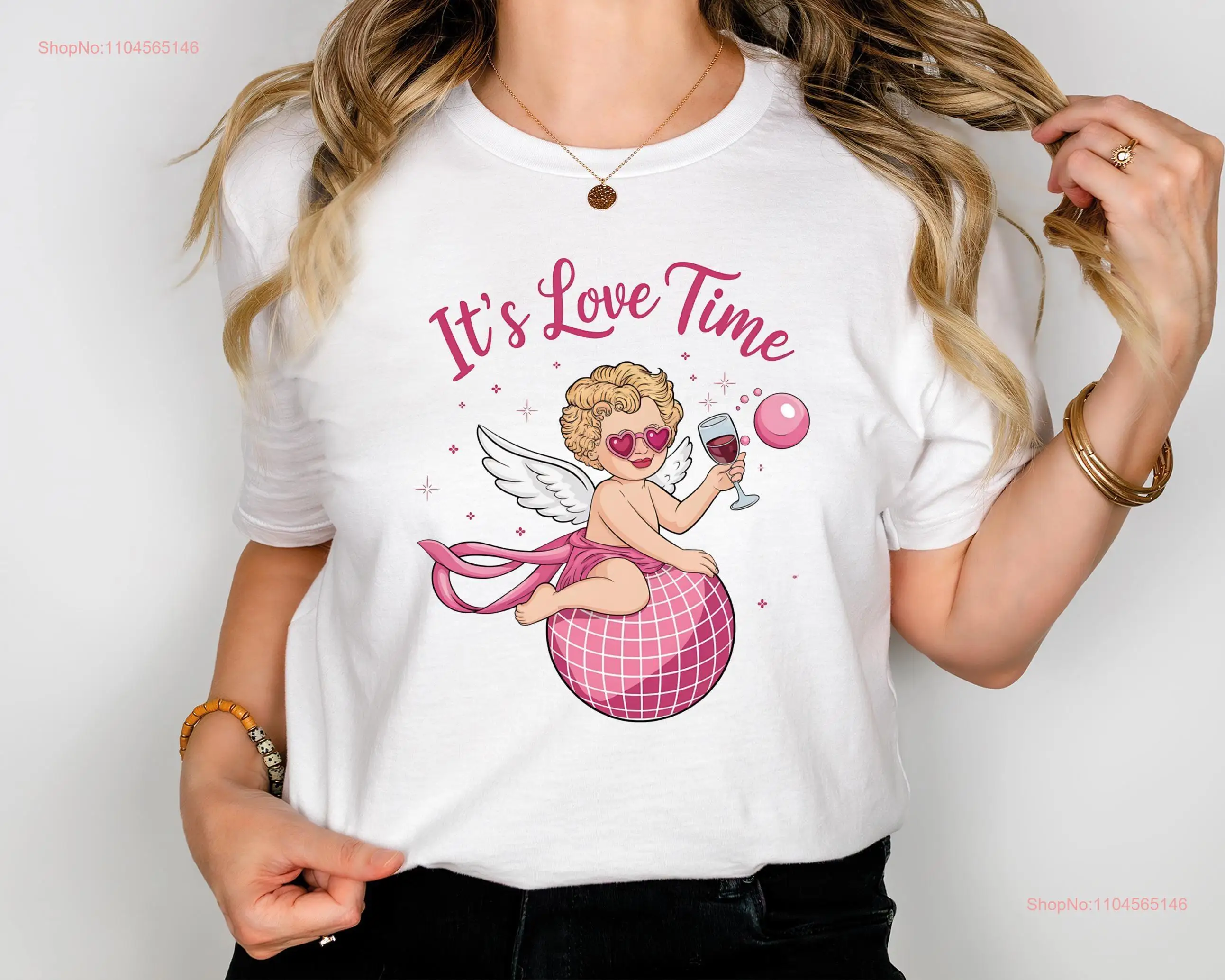 It's Love Time T Shirt Baby Cupid Valentine's Day Woman Pink Disco Ball Lovers SweaT long or short sleeves