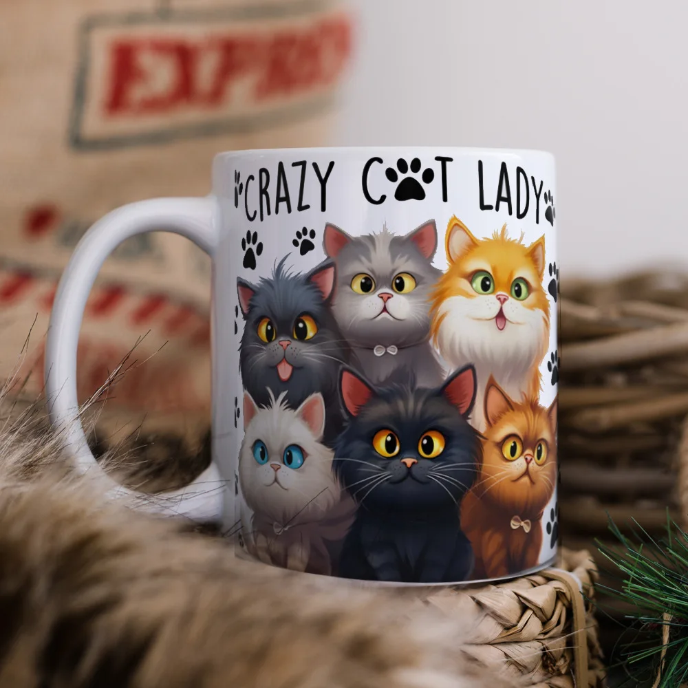 1pc 11oz Crazy Cat Lady White Ceramic Coffee Mug Tea Cup Dishwasher Microwave Safe Birthday Holiday Gift Mugs Coffee Cups