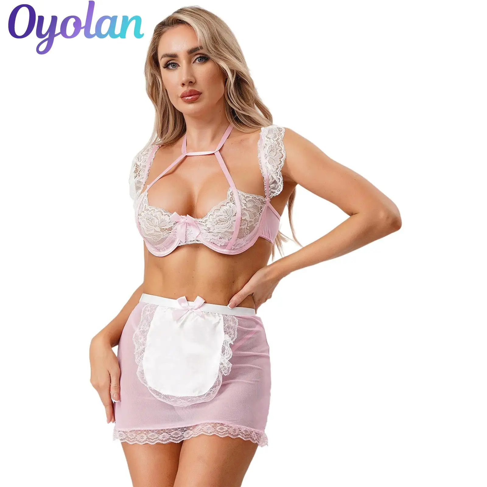 

Womens Sexy Maid Cosplay Costume Halter Floral Lace Flutter Sleeve Bowknot Bra Top with See-through Apron Skirt and G-string