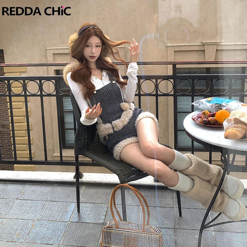 

REDDACHiC Cute Cable Knit Women Rompers with Plush Belt Pockets Adjustable Straps Faux Fur Shorts Jumpsuit Y2K Autumn Clothes