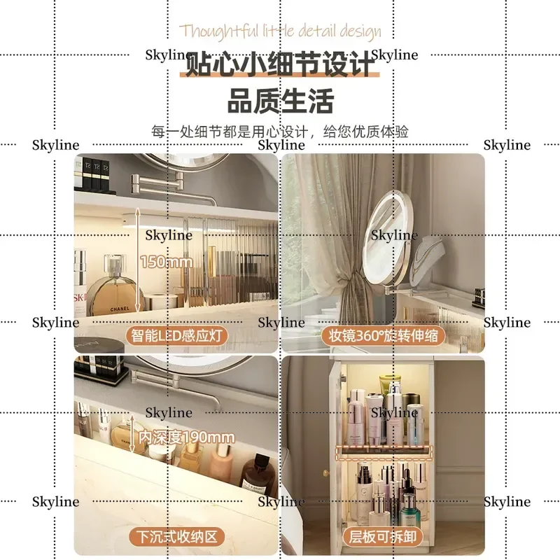 80cm Cream French Style Makeup Table, Rock Slab Top Dresser with Storage Cabinet for Bedroom Apartment