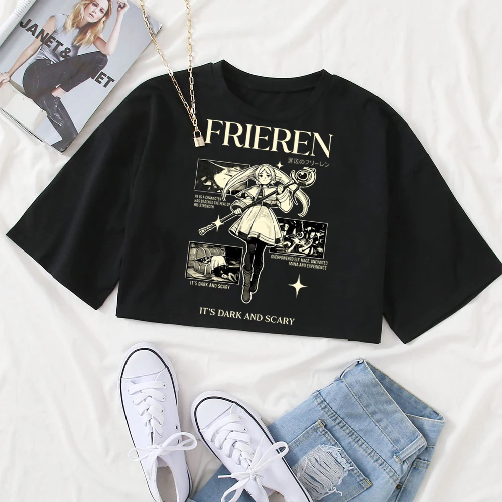 Hot Anime Frieren Shirt Women O-Neck Short Sleeves Crop Tops T-shirt