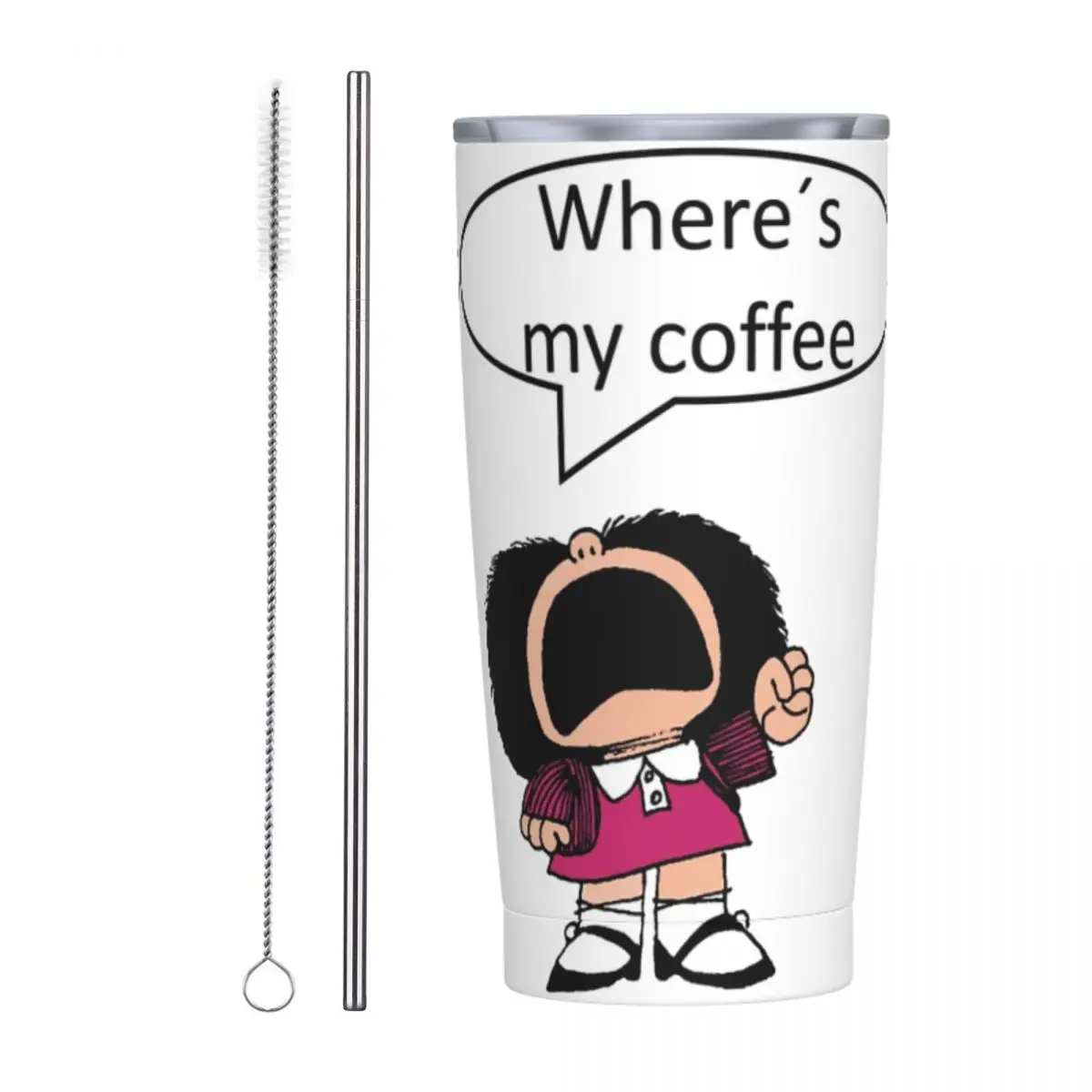 Divertente Mafalda bicchiere da caffè isolato con coperchio a cannucce tazze da caffè in acciaio inossidabile per cartoni animati Thermos portatile