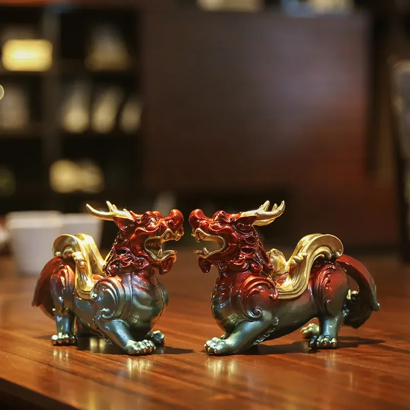 Colored Copper Pixiu Ornament, Chinese Myth Auspicious Beast Figurine for Entrance, Living Room & Office Decor, Metal Handicraft
