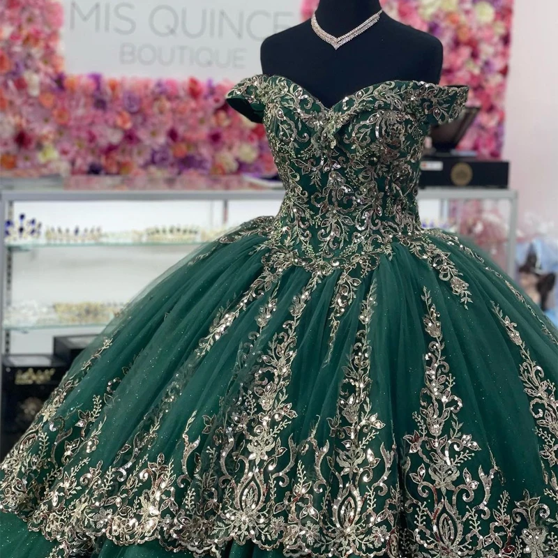 Angelsbridep-Off-Shoulder Lace Quinceanera Vestidos, vestidos de baile verde esmeralda brilhante, doce 15 Birthday Party Dress