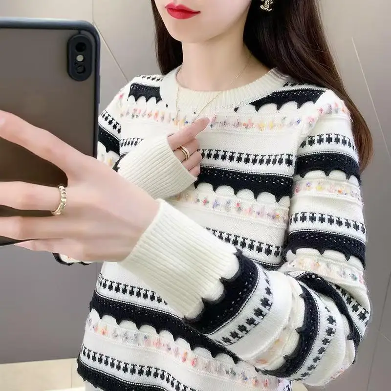Otoño Invierno suéter de punto mujer pulóver Casual suelto manga larga grueso cálido suéter a rayas