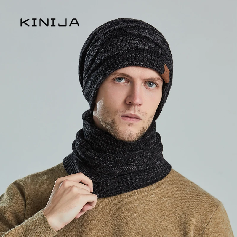 hat scarf set winter men knit bonnets for women outdoor ski cycling plush neck warm windproof cap famle wool thicken Beanies