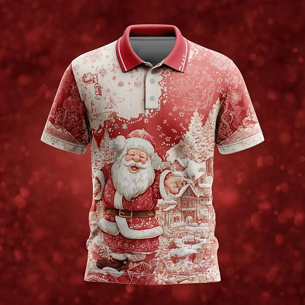 Christmas Men's Santa Claus Print Polo Shirts Lapel Design Short Sleeve Casual Wear Summer Holiday Festival party Men's clothing