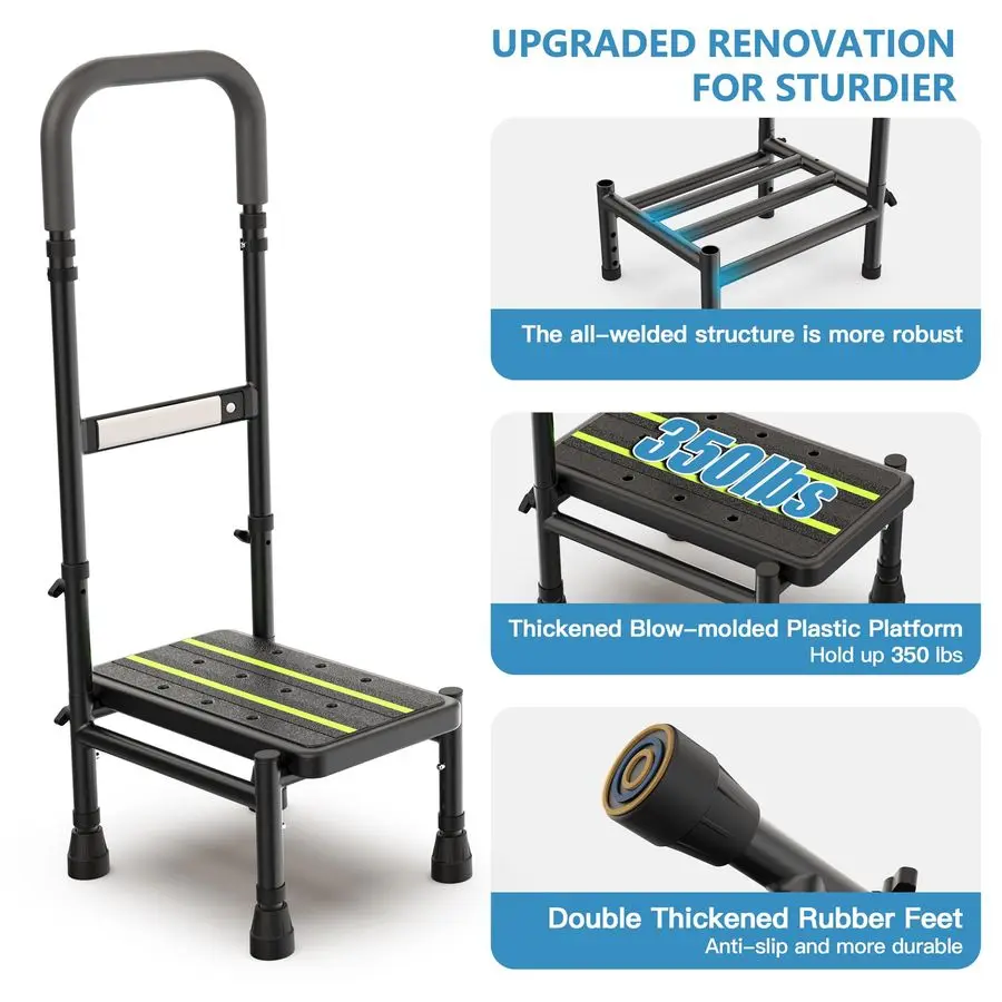 Step Stool with Handle for Elderly, Adjustable Handrail Leg, Sensor Light, Medical Stepping Stools for High Bed Mobility Daily