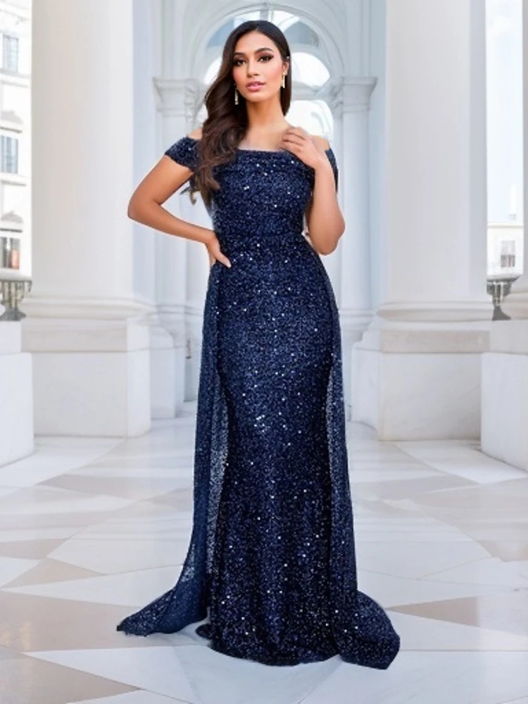 Romagic Navy Blue Slash Neck Off the Shoulder Prom Gown Dress Sequin Detachable Train Mermaid Evening Party Dresses Cocktail