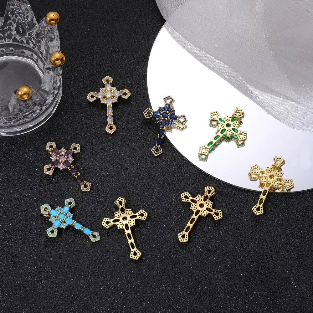 Juya DIY religiösen Schmuck liefert handgemachte bunte Zirkonia 18 Karat echt vergoldet Saint Christian Cross Charms Großhandel – Detail 4