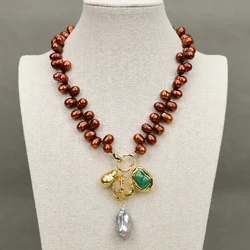 G-G 18'' Freshwater Cultured Coffee Pearl Necklace Gold Plated Citrine Turquoise Gray Baroque Pearl Pendant For Lady
