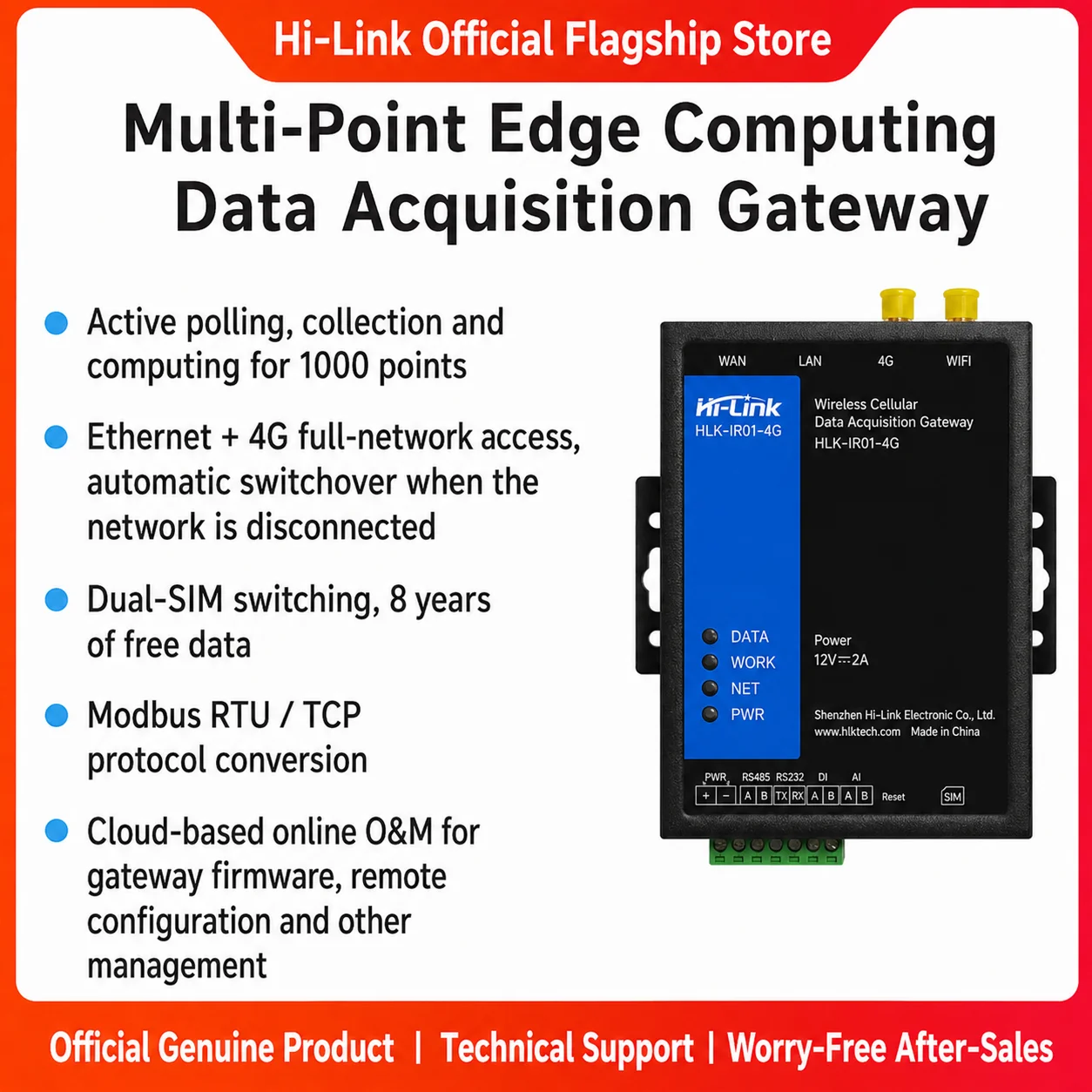 ndustrial CPE Node HLK IR01 RS232 485 4G Cat1 Galvanic Isolation MQTT Remote Access 8 Year Monthly 100M Data Flow Edge Collector