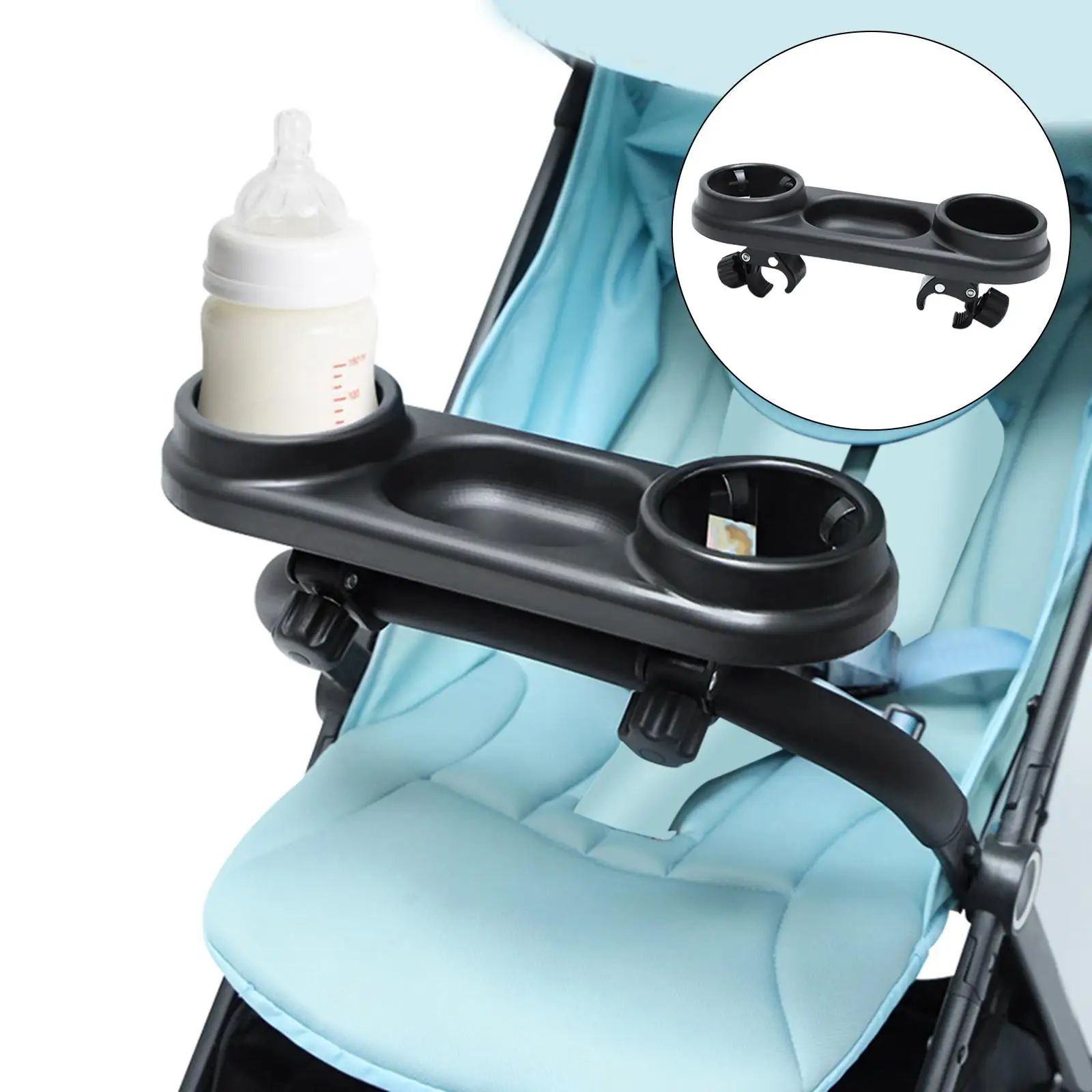 Universal Baby Stroller Snack Tray with Cup Feeding Bottle Holder, Removable Organizer with Adjustable Clip Non Slip Washable