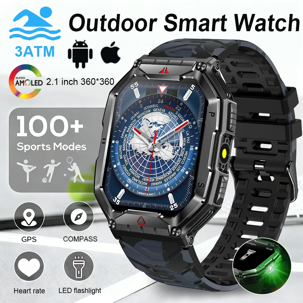 

2026 Outdoor Military Smartwatch Men 650mAh Large Battery Compass GPS Motion Tracking Bluetooth Call 3ATM waterproof Smart Watch