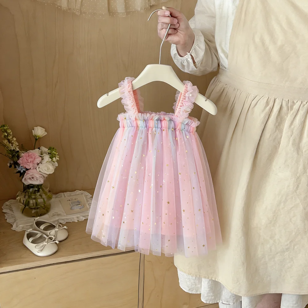 Mädchenkleider Sommer Tüll Pailletten Spaghetti-Träger Mädchenkleid Niedliches Prinzessinnen-Stil Hochzeiten Babykleid Babykleidung