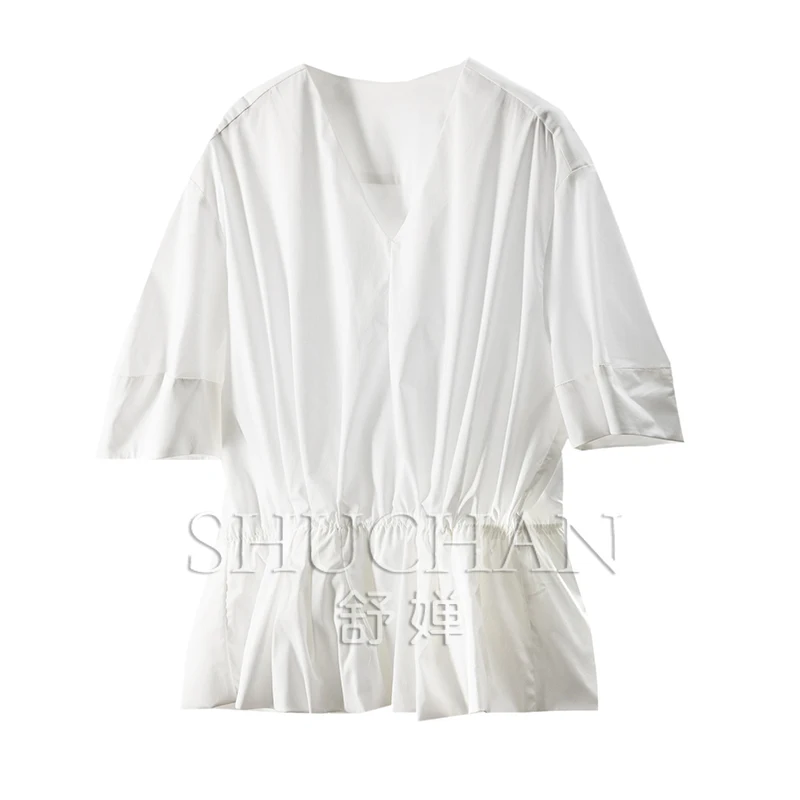 

Designer V-neck Horn Sleeve Elastic Waist Shirt Women's 12E2 White Shirt Women Blusas Mujer De Moda 2025