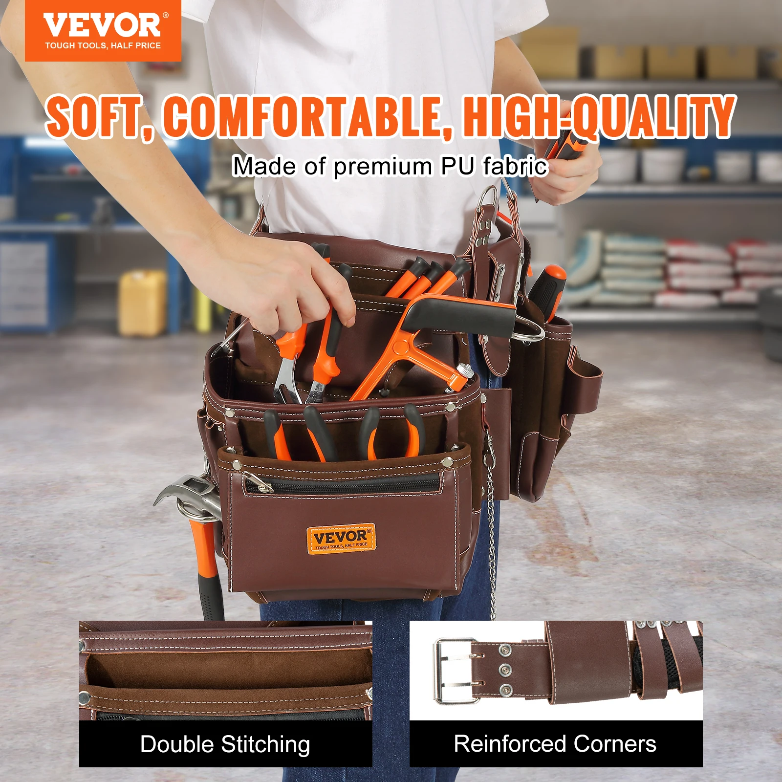 VEVOR 22 Pockets Tool Waist Belt Bag Adjust Detachable PU Tool Pouch Bag for Electrician Carpenter Handyman Woodworker