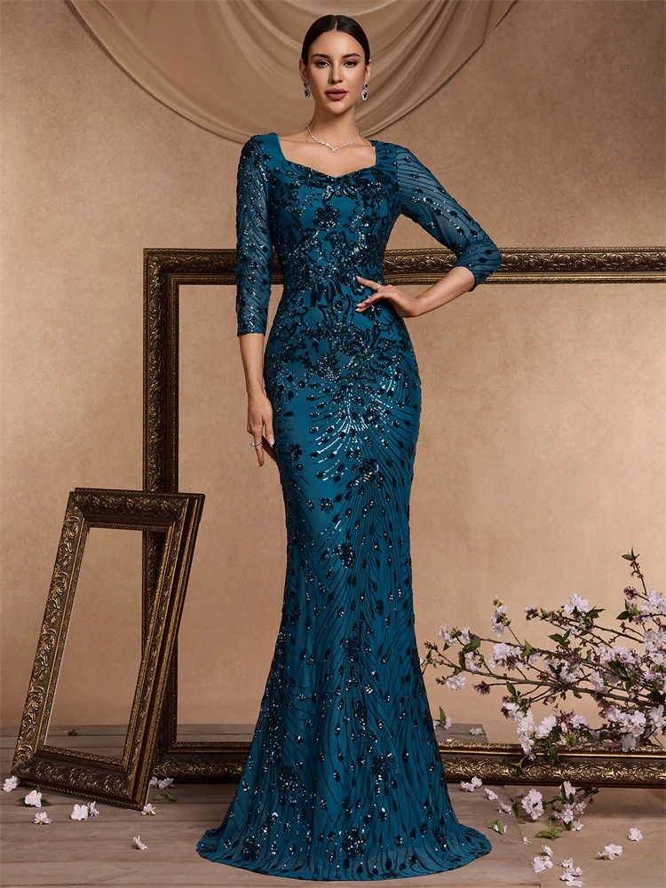 XUIBOL Luxury Blue Sequins Evening Dress Women 2024 Mermaid Formal V-neck Prom Elegant Long sleeve Wedding Party Cocktail Gowns