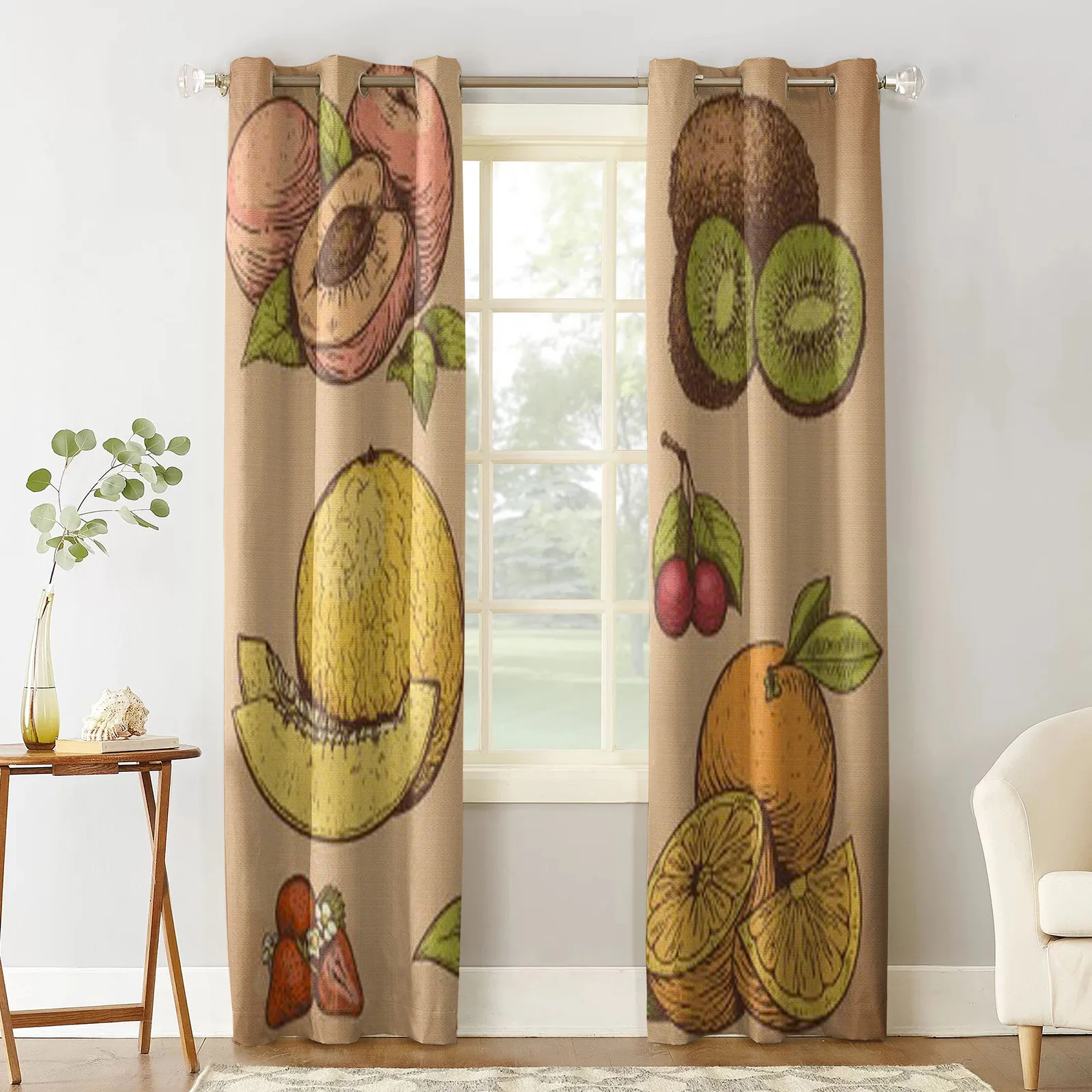 Vector Illustration Of Engraving Fruits And Berries In Retro Style Window Curtains For Home Living Room Bedroom Curtains