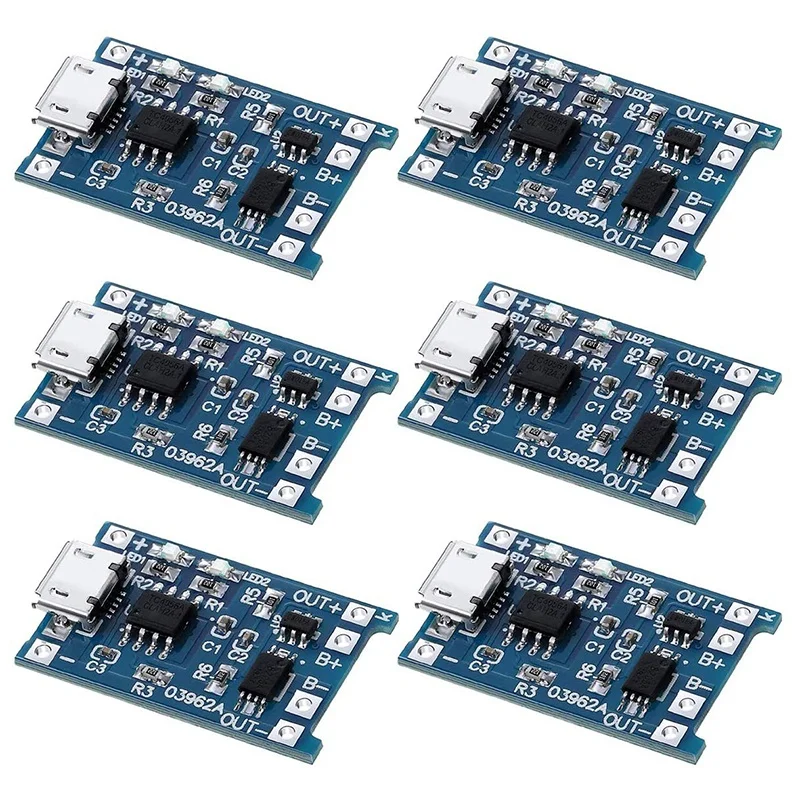 Módulo de carregamento com proteção de bateria, 18650 BMS, 5V -USB, placa de carga 1A para 18650, 6pcs