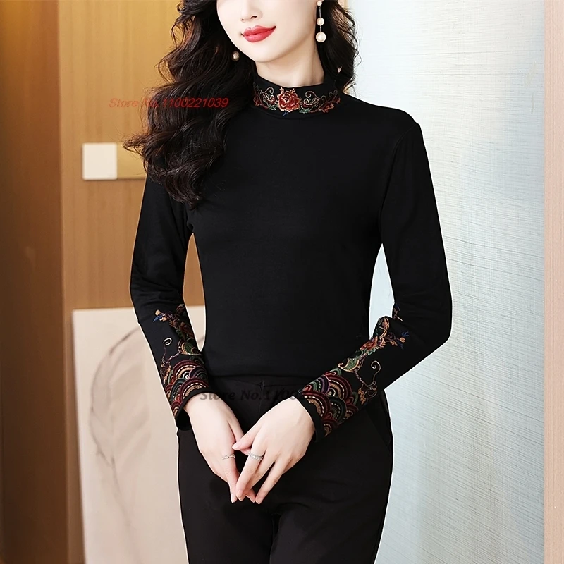 قميص صيني عتيق لعام 2025 قميص شعبي مطرز بالزهور الوطنية وياقة واقفة قميص قاعدة مبطن بالصوف التقليدي الشرقي