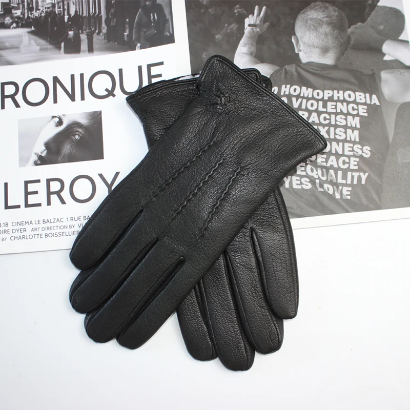 Guantes de piel de ciervo para hombre, forro de piel de conejo corrugado, forro de terciopelo cálido de invierno, guantes de lana recta de punto de