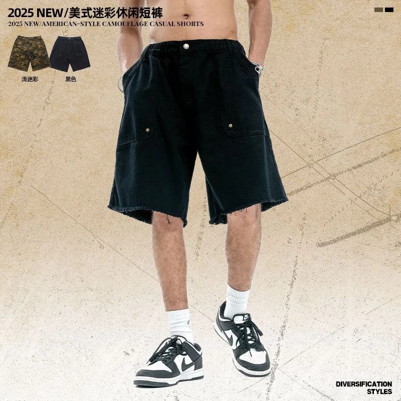 American Camouflage Loose Wide-leg Cropped Pants Retro Washed Cut Fringed Rough Edge Embroidered Shorts Men