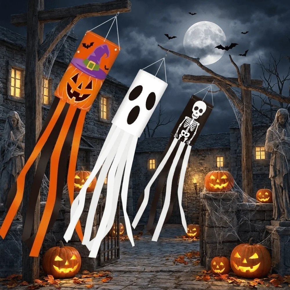 Pumpkin Ghost Pattern Halloween Wind Flag Hanging Wind Tube Flag Festival Wind Vane Ribbon Spooky Garden Flag