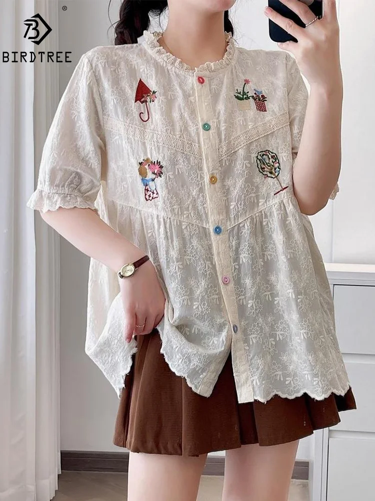 Spring Cotton Casual Shirt Women Lace Embroidery Ruched Necks Blouses Girl Short Sleeve Fashion Sweet Top 2024 Summer T45419QM