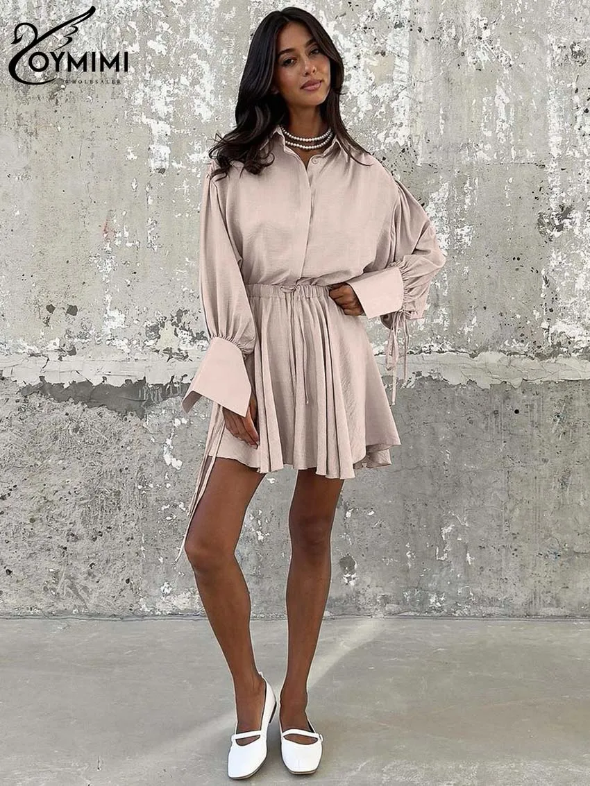 Oymimi Casual Khaki Sets Womens 2 Piece Fashion Lapel Long Sleeve Button Shirts And Drawstring Pleated Mini Skirts Female Sets