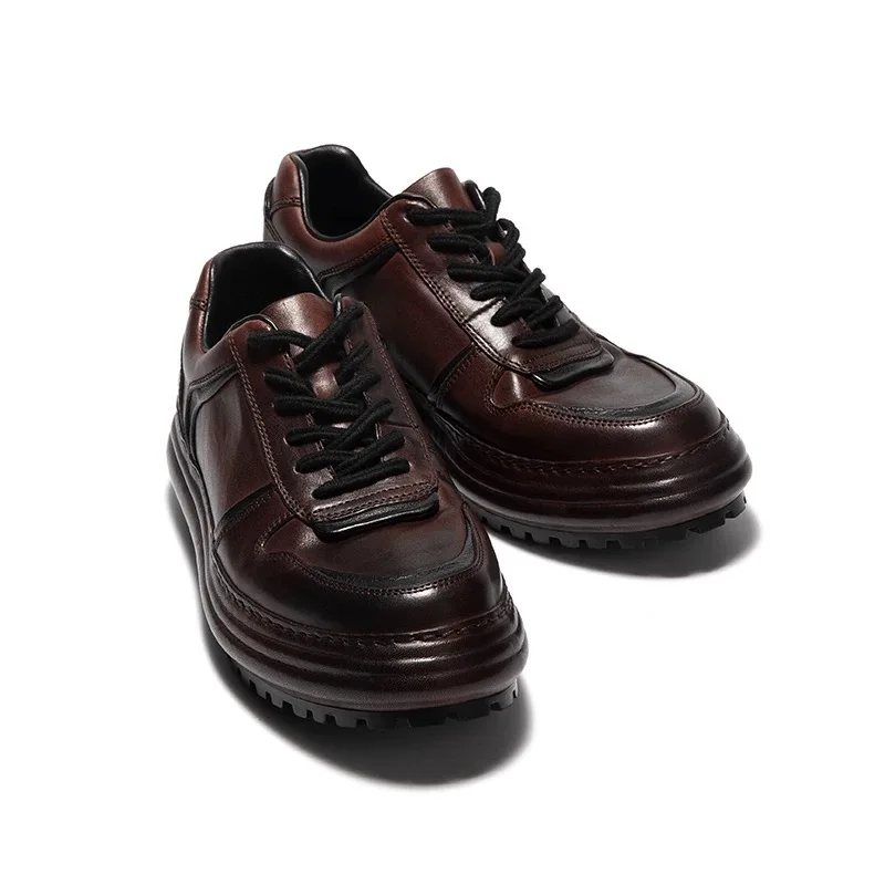 Handmade Cow Leather Retro Skater Shoes Thick Sole Fashion Lightweight Men Casual Shoes Outdoor Luxury Hiking Sneakers