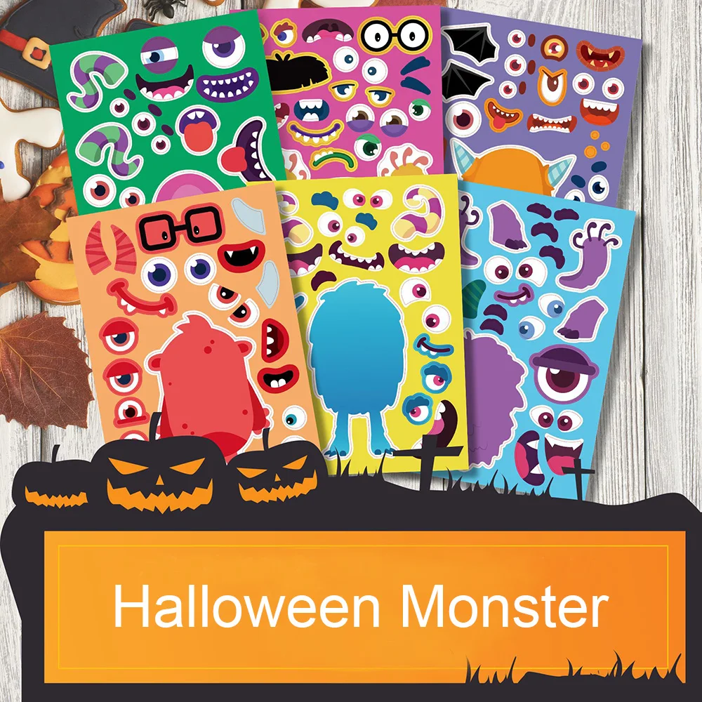 6/12Sheets Kids Stickers Puzzle Games Halloween Cartoon Monster Sticker Educational Toy Make A Face Assemble Jigsaw Boys Girls