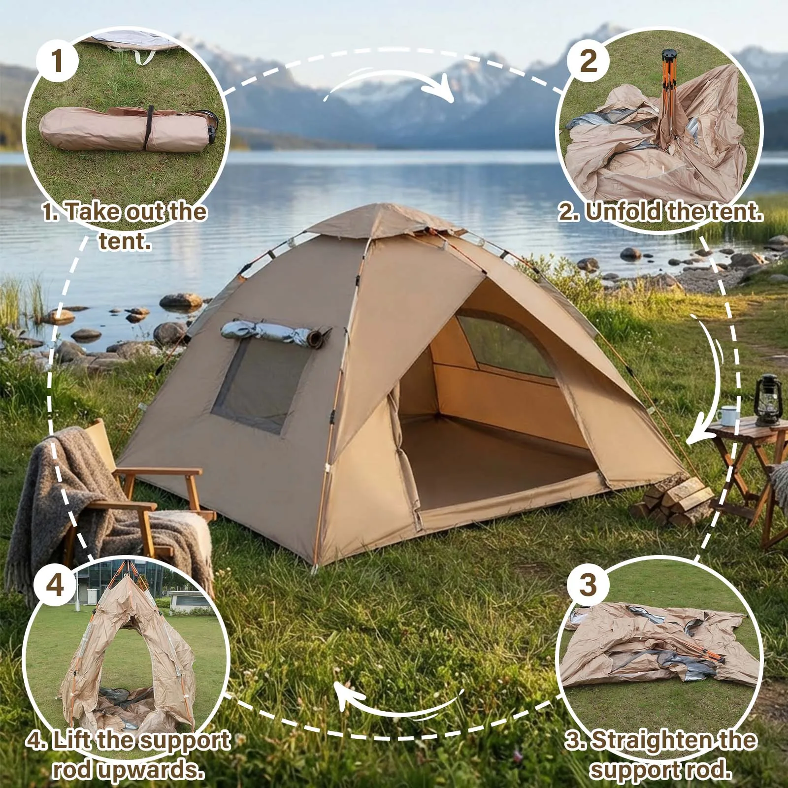 Pop Up Camping Tent, Instant Setup 2 Doors 2 Windows Automatic Tent with Carry Bag