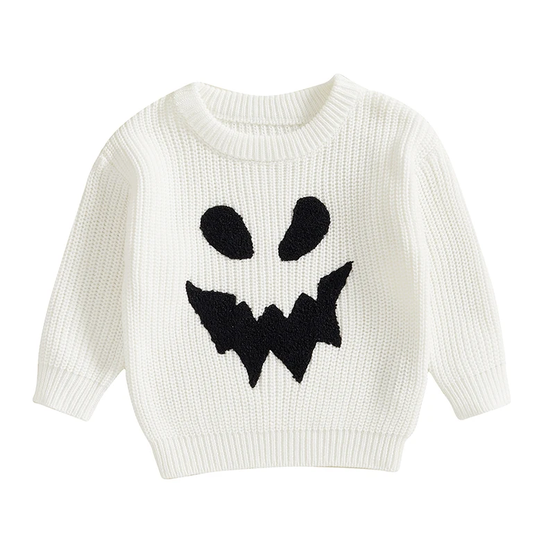 Baby Boy Girl Halloween Sweater Ghost Face Pattern Long Sleeve Crew Neck Chunky Knitwear