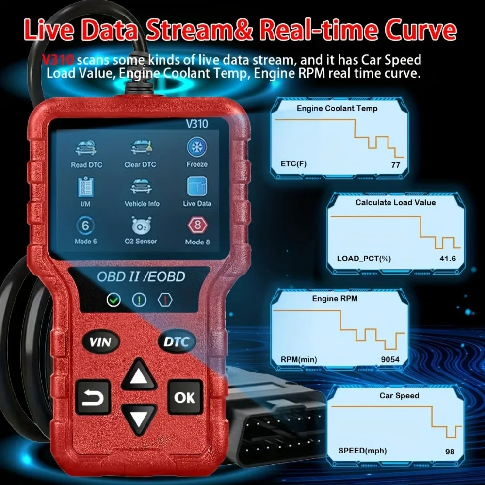 V310 OBD2 scanner diagnostic tool for real-time monitoring of compatible engine data for cars and trucks