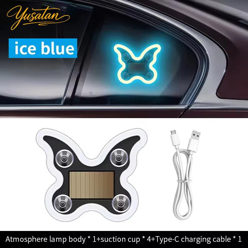 Car mounted butterfly lights, solar powered wiring free ambient lights, triangular windows, windshields, creative luminous LED