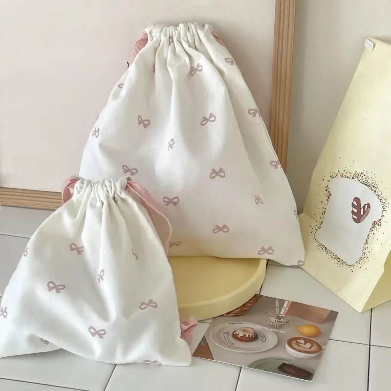 Drawstring Storage Bag Cute Pink Bowknot Print Travel Skincare Makeup Bag Underwear Clothing Bag Portable Organizer Bag NEW