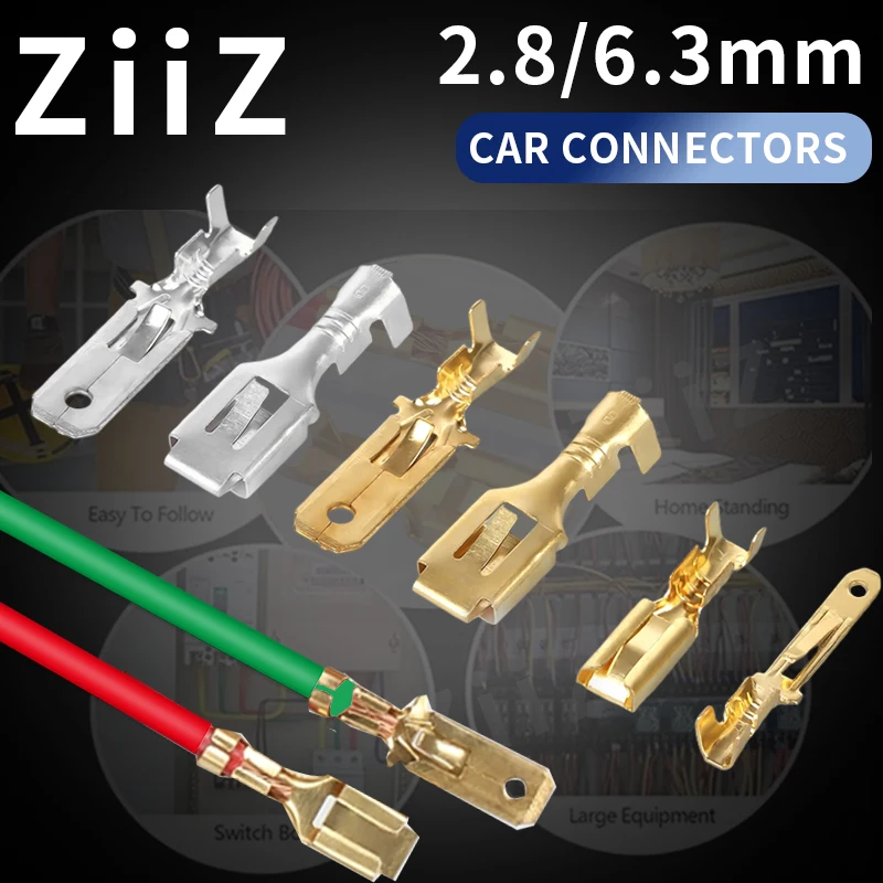 50/200 Pcs 2.8mm/6.3mm Automotive Crimp Terminal Male Spade Connector Brass Pins ZiiZ Auto Splice Wire Terminals DJ611-6.3A