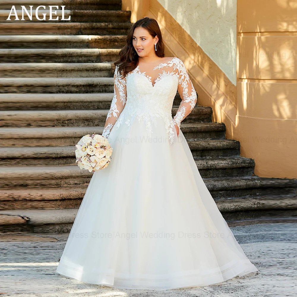 ANGEL Classic Plus Size Wedding Dresses Customized 2025 A-line Tulle Lace Appliques Bridal Gowns Long Sleeves Vestidos de Novia