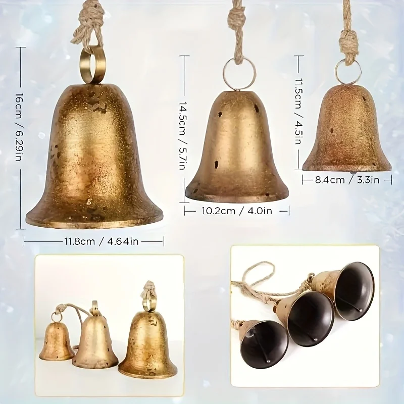3 Stück Metall-Weihnachtsglocken, festliche Hängeglocken, für Weihnachten und Thanksgiving, Weihnachtsglocken-Dekorationen – Detail 1