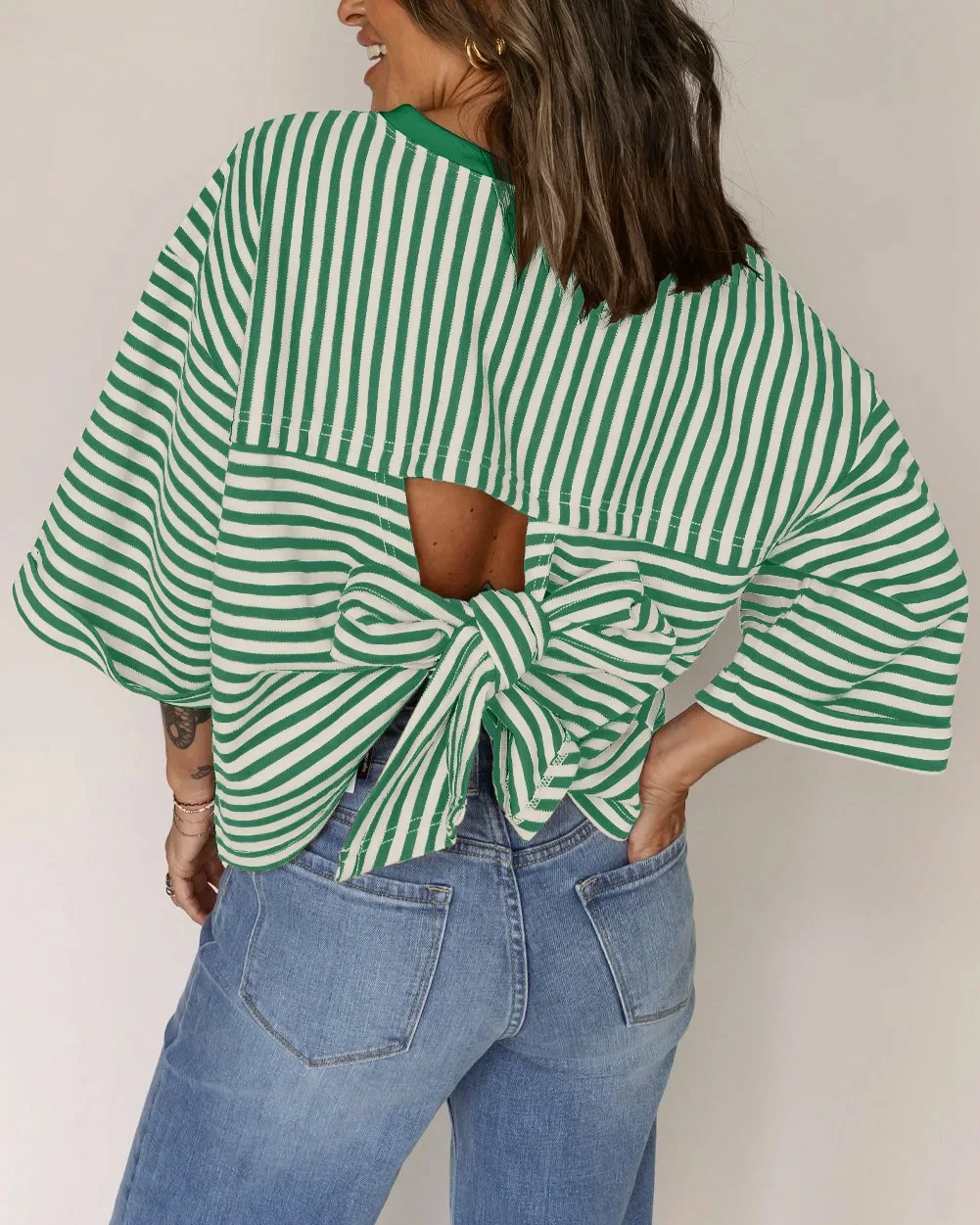 AW Homewear Blusas Tops For Woman T Shirt Tees Simple Style Casual All-match Women's Clothing Striped Round Neck Leace-up Back