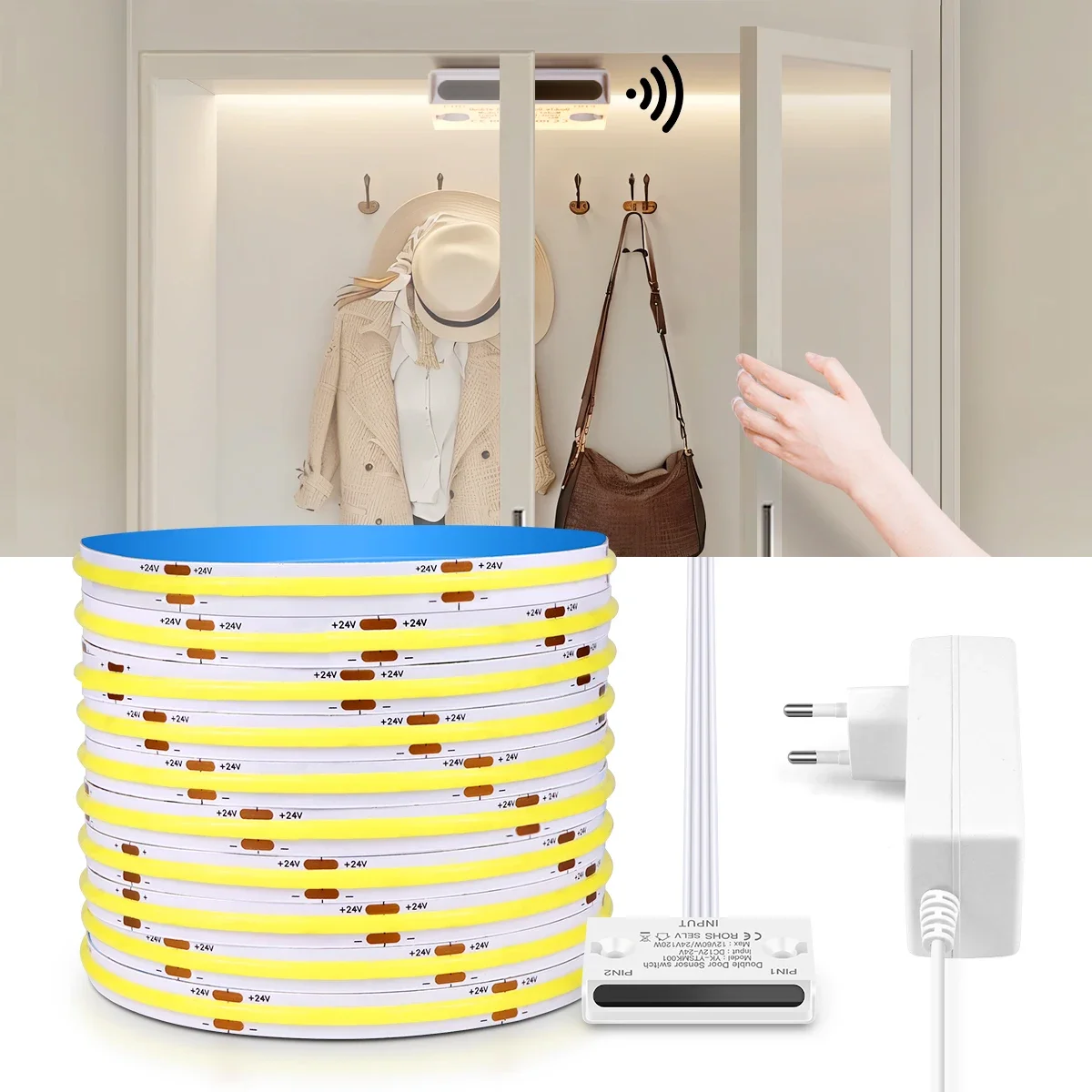 Door Open/Close Sensor Switch Wood Penetrable COB LED Strip Light DC24V 320LEDs/M High Lumen For Home Cabinet Closet Showcase