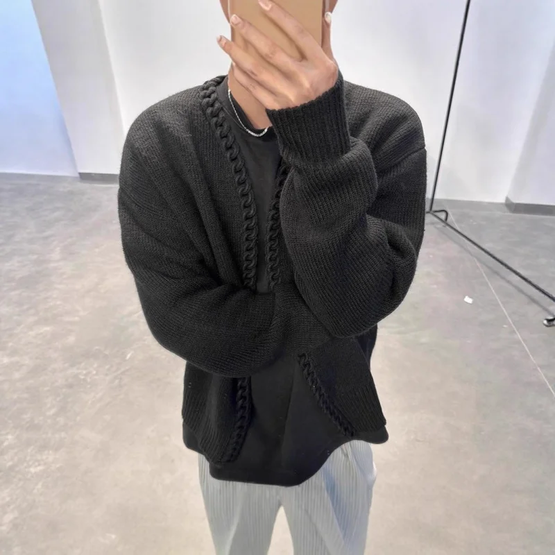 2025 الربيع والخريف جديد بلون الخامس الرقبة سترة مشغولة من الصوف الرجال موضة عادية معطف شتاء #2