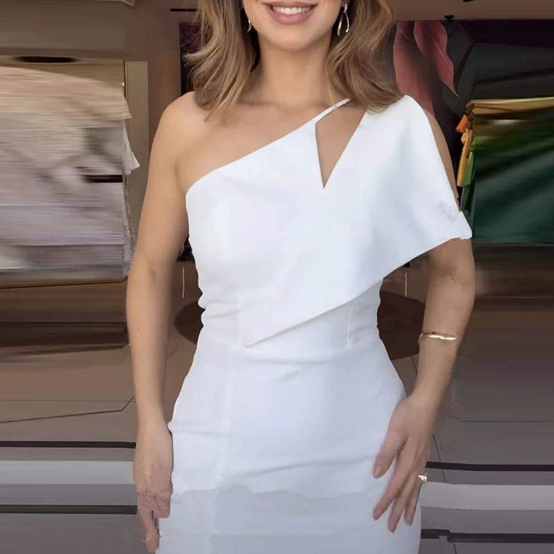 فستان حفلات نسائي غير متماثل بقصة ضيقة ورقبة مائلة وأكمام قصيرة فستان أنيق بخصر عالٍ