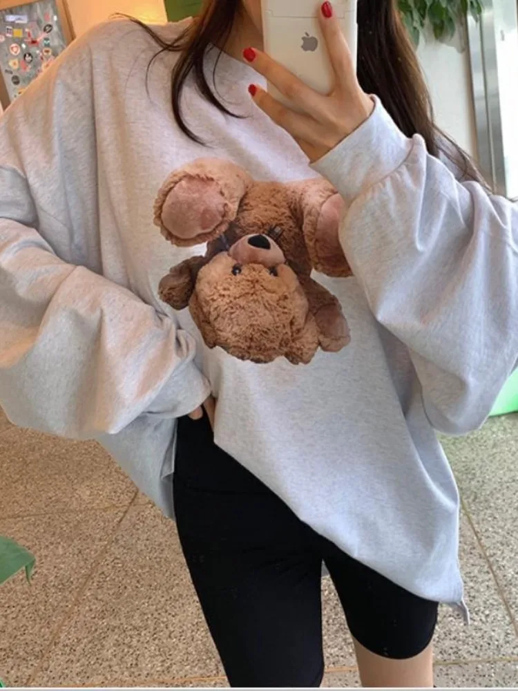 

Женская длинная футболка Све, весна-осень, повседневный дизайн с медведем, свободный крой, универсальный, большие размеры, модный Bear irt