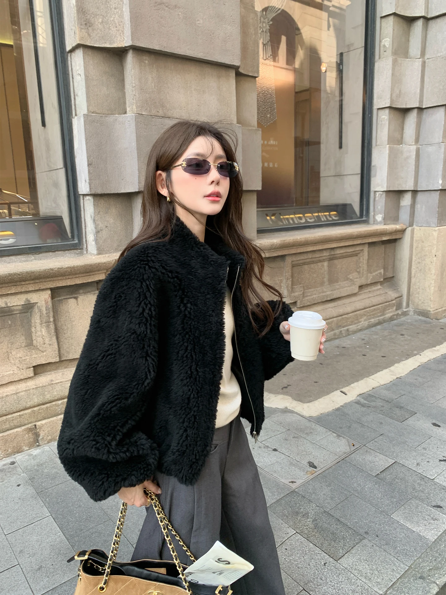 UPFURS Abrigo de piel de cordero ort para mujer, cálido, informal, de poliéster, Thiened, invierno, nuevo, holgado, con cierre de cremallera